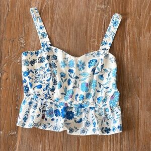 NWOT White Floral Peplum Crop Top with Blue Print sz medium